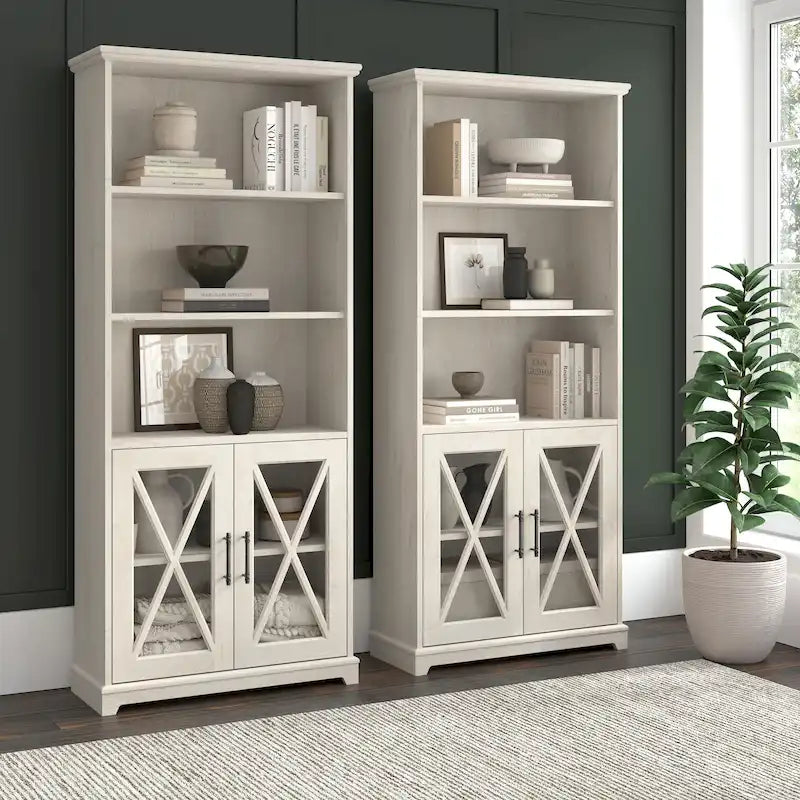 Bücherregale im Landhausstil mit 5 Fächern und Glastüren, 2er-Set