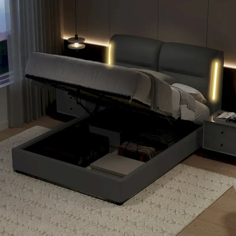 King-Size Hydraulic Lift Storage Bed with Sensor Nightlight