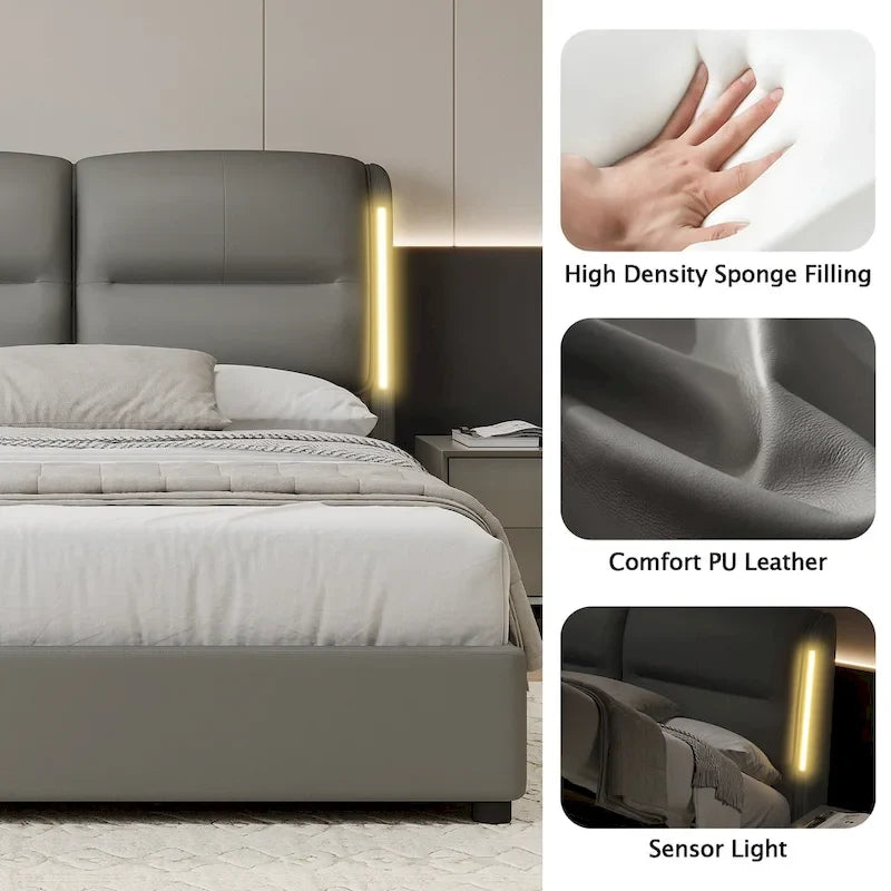 King-Size Hydraulic Lift Storage Bed with Sensor Nightlight