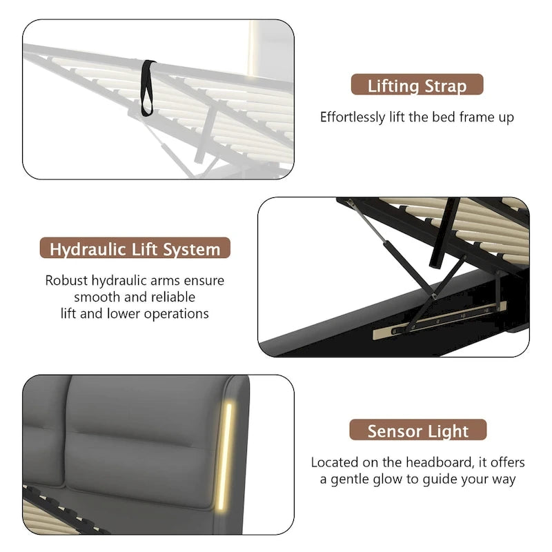 King-Size Hydraulic Lift Storage Bed with Sensor Nightlight
