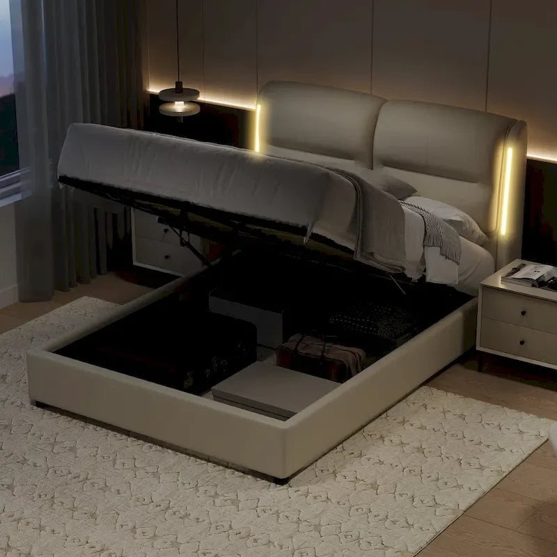 King-Size Hydraulic Lift Storage Bed with Sensor Nightlight