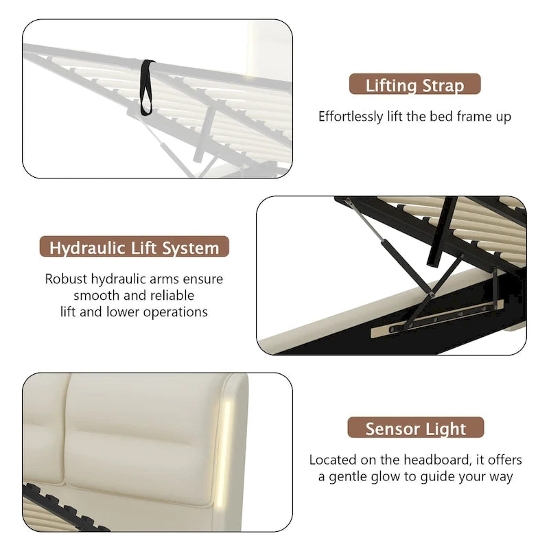 King-Size Hydraulic Lift Storage Bed with Sensor Nightlight