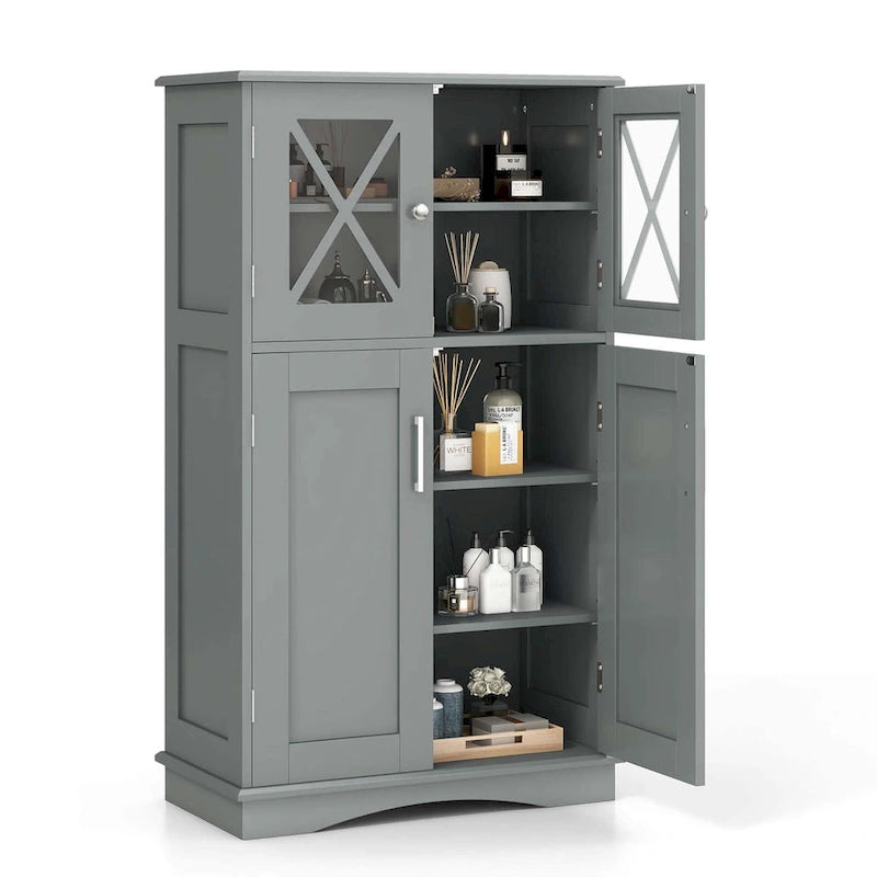 Bathroom Storage Cabinet with Glass Doors and Adjustable Shelves