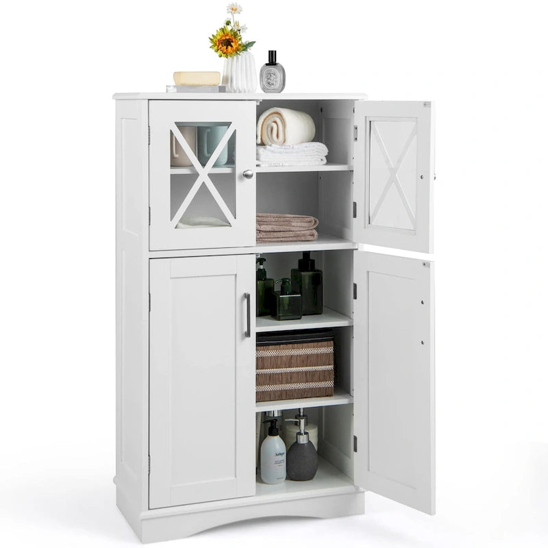 Bathroom Storage Cabinet with Glass Doors and Adjustable Shelves