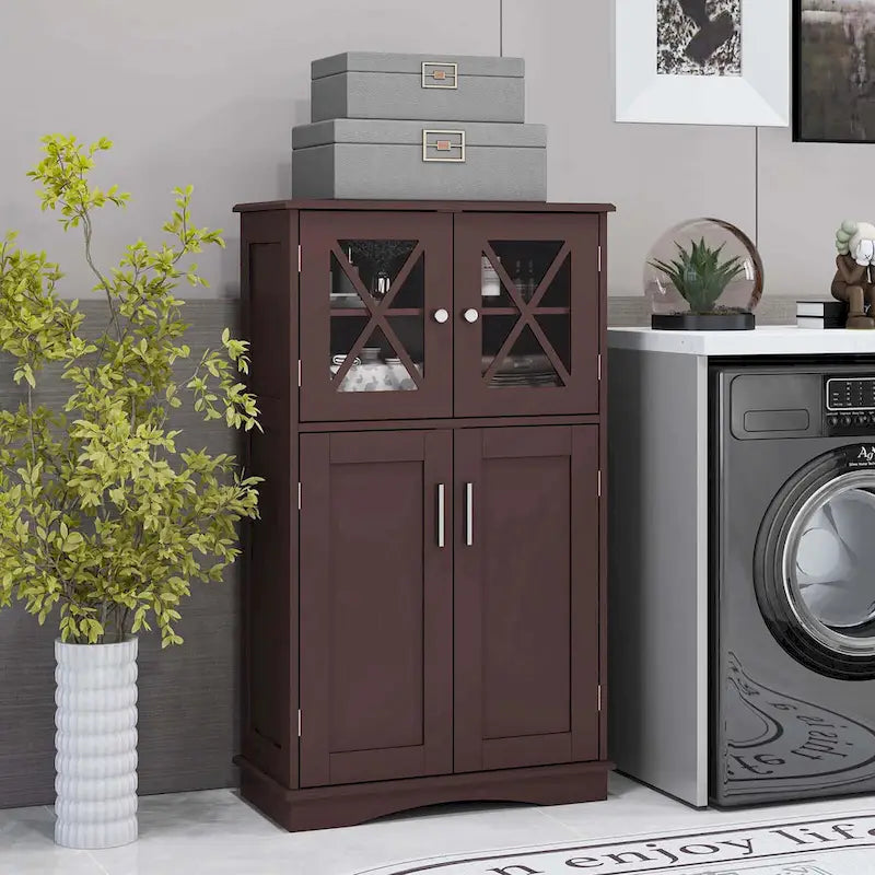 Bathroom Storage Cabinet with Glass Doors and Adjustable Shelves