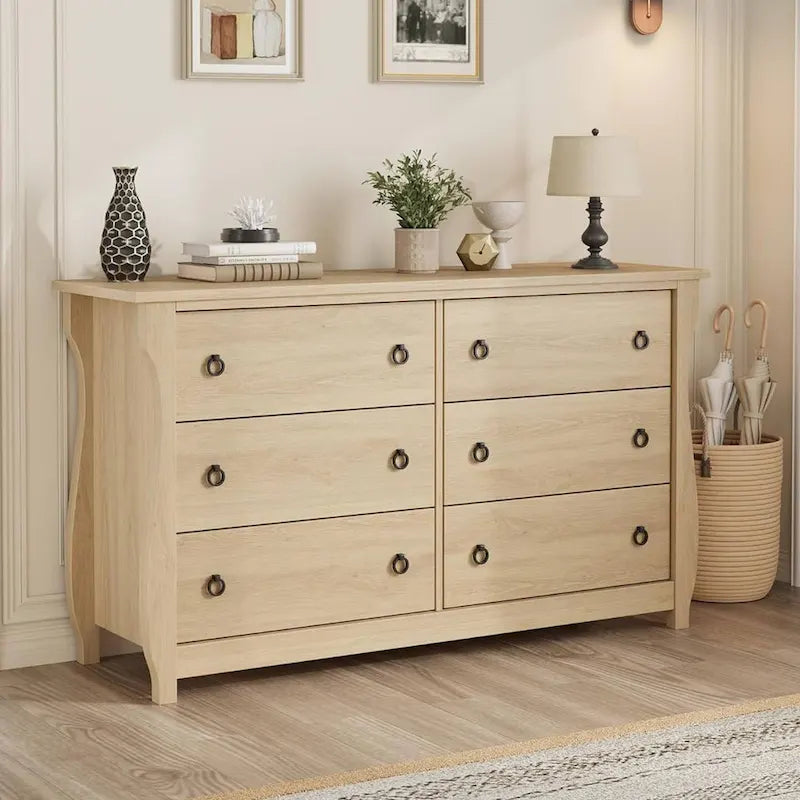 Cómoda natural de 6 gavetas para sala de estar, quarto ou entrada