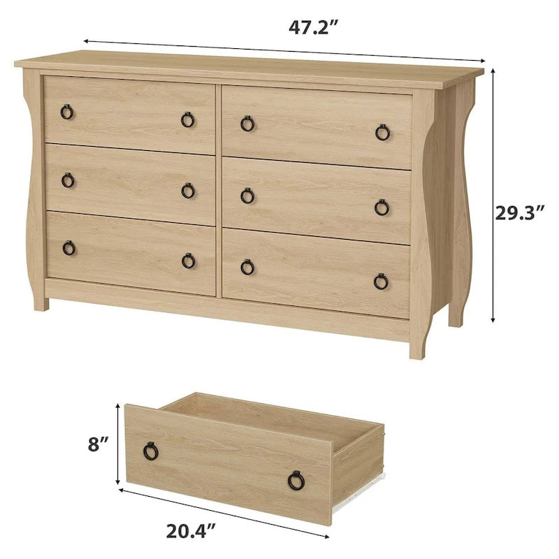 Commode naturelle à 6 tiroirs pour salon, chambre ou entrée