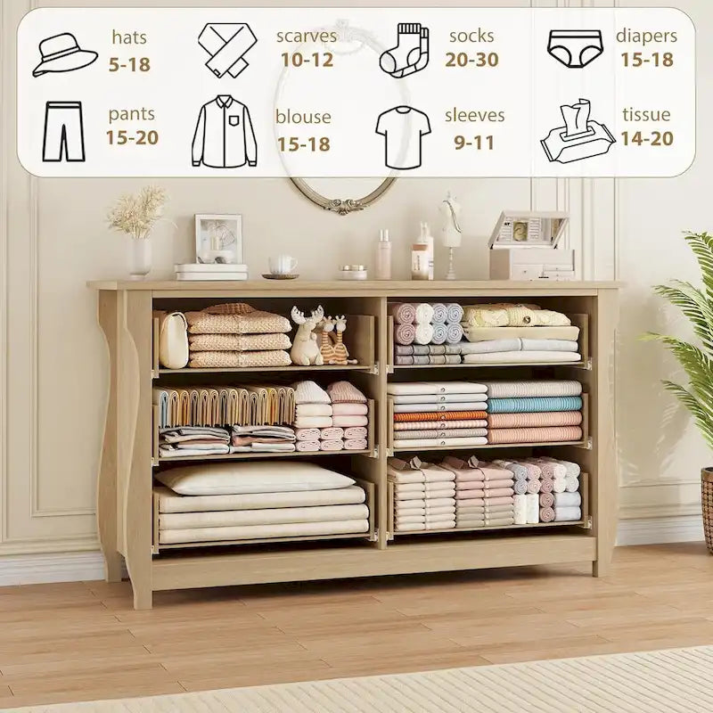 Cómoda natural de 6 gavetas para sala de estar, quarto ou entrada
