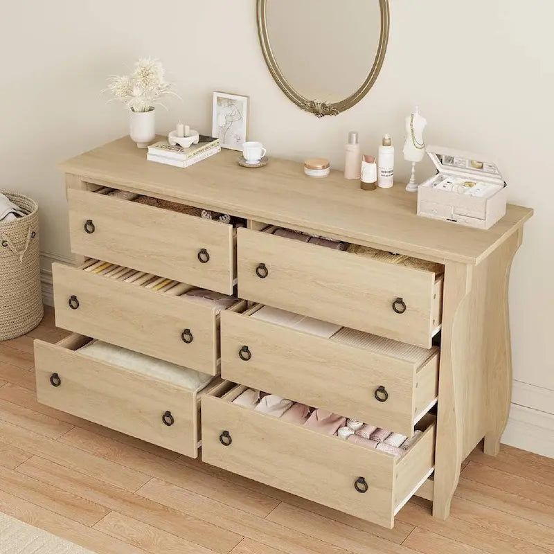 Commode naturelle à 6 tiroirs pour salon, chambre ou entrée
