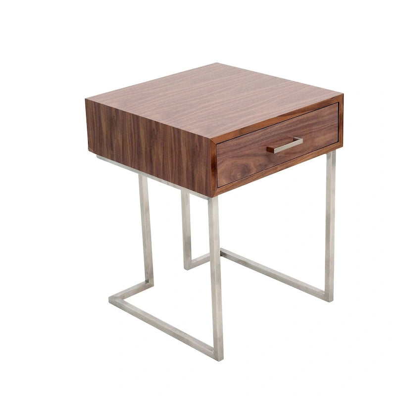 Tavolino contemporaneo in legno di noce e acciaio inossidabile con cassetto