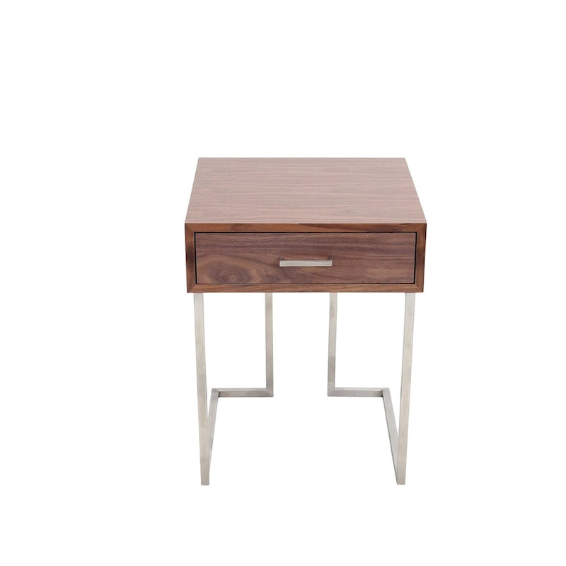 Contemporary Walnut Wood and Stainless Steel End Table with Drawer