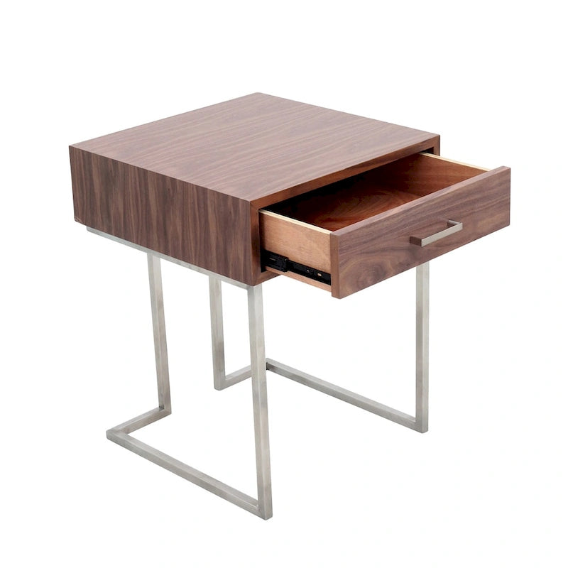 Contemporary Walnut Wood and Stainless Steel End Table with Drawer