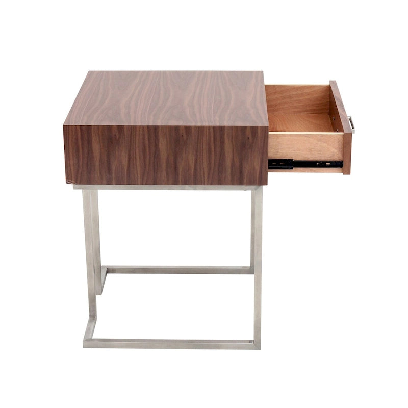 Tavolino contemporaneo in legno di noce e acciaio inossidabile con cassetto