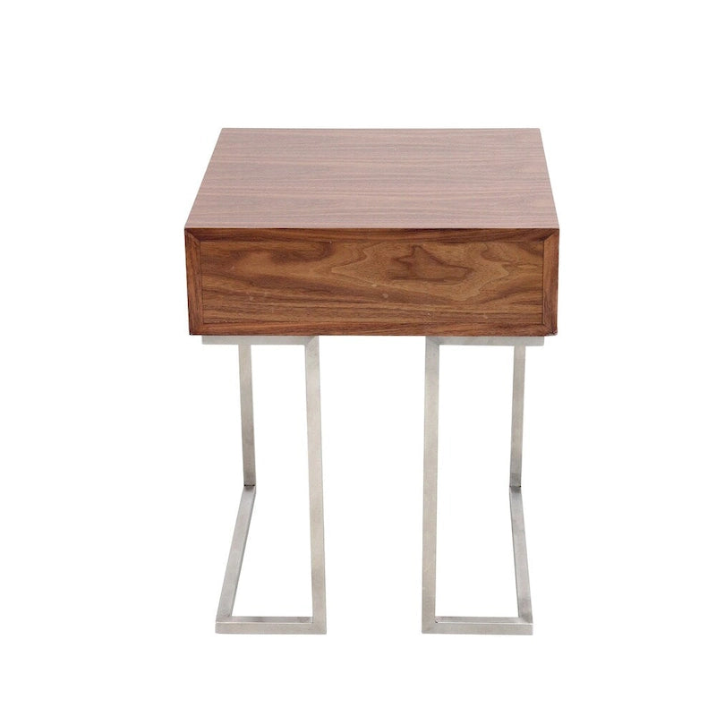 Tavolino contemporaneo in legno di noce e acciaio inossidabile con cassetto