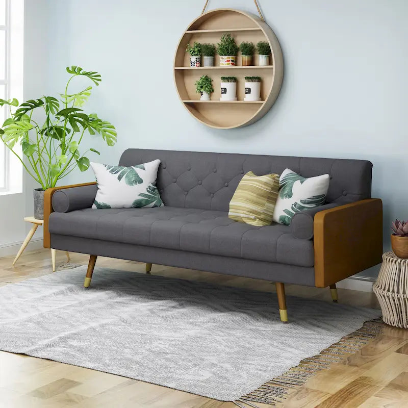 Mid-Century Tufted Fabric Sofa with Birch Wood Frame