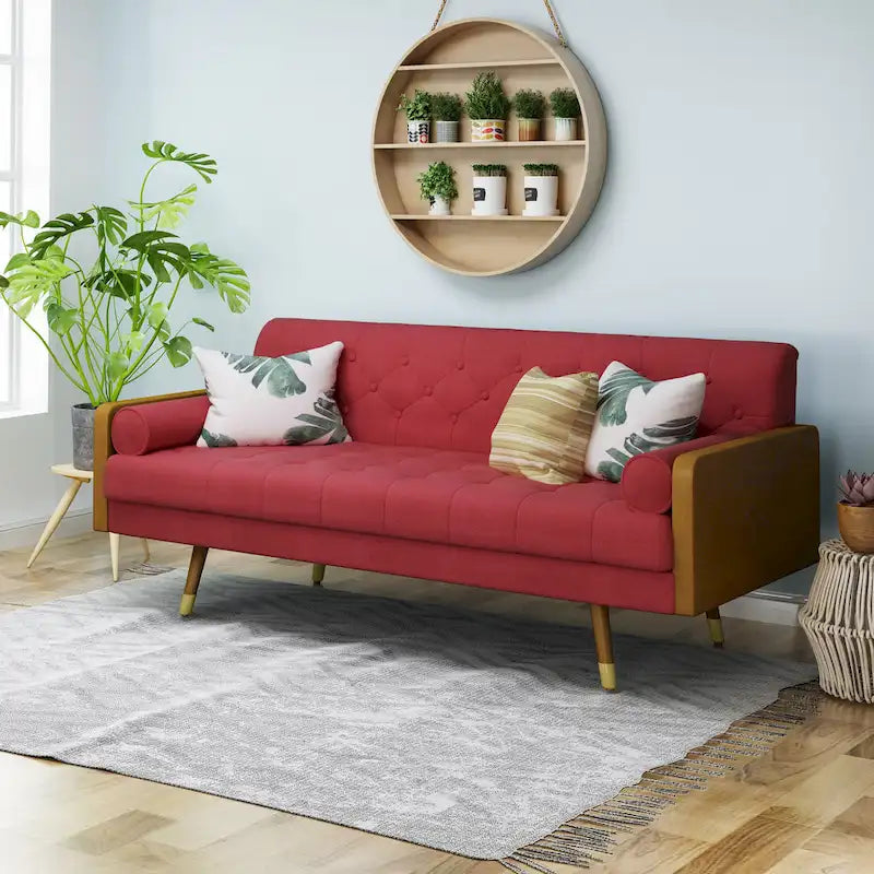Mid-Century Tufted Fabric Sofa with Birch Wood Frame