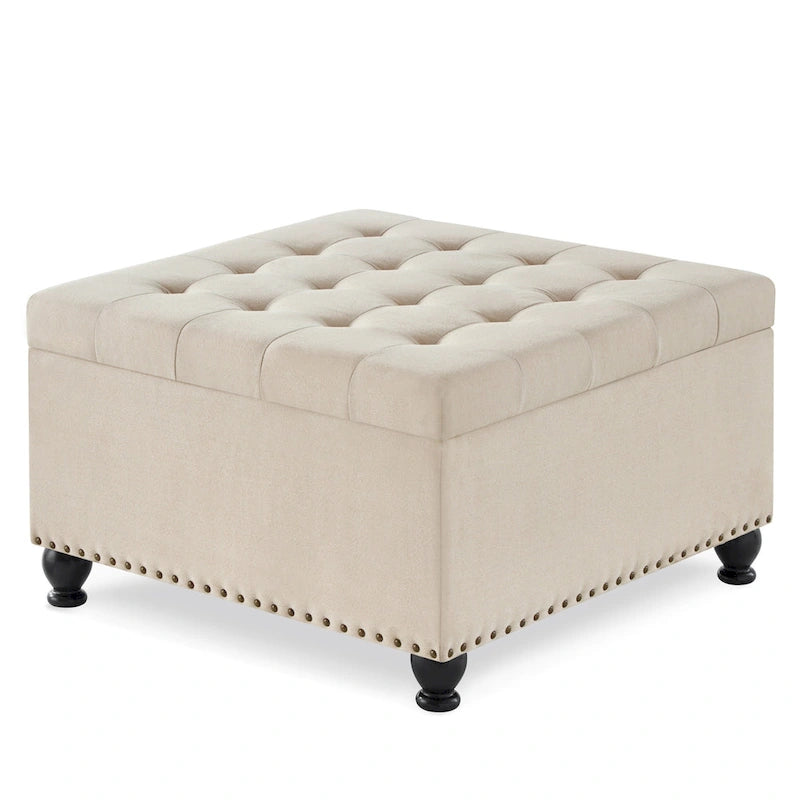 Großer quadratischer Sitzhocker mit Stauraum und Holzbeinen