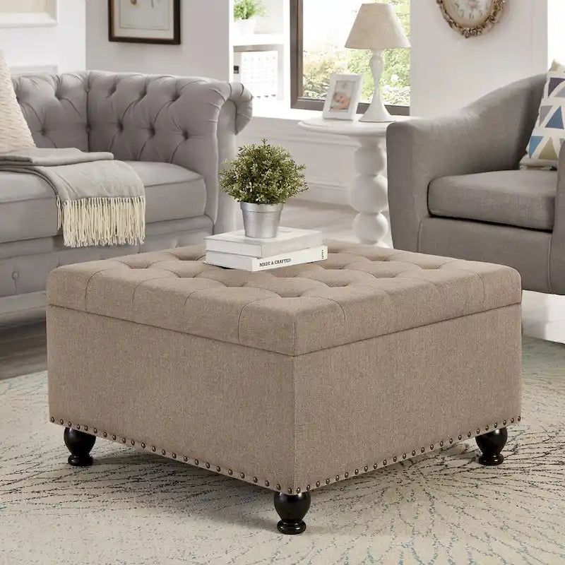 Großer quadratischer Sitzhocker mit Stauraum und Holzbeinen