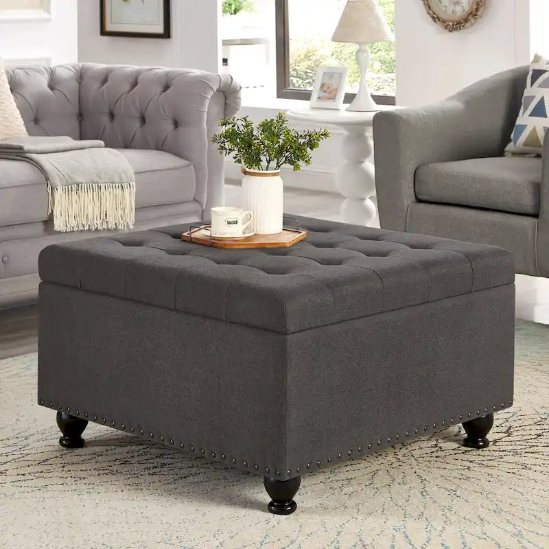 Großer quadratischer Sitzhocker mit Stauraum und Holzbeinen