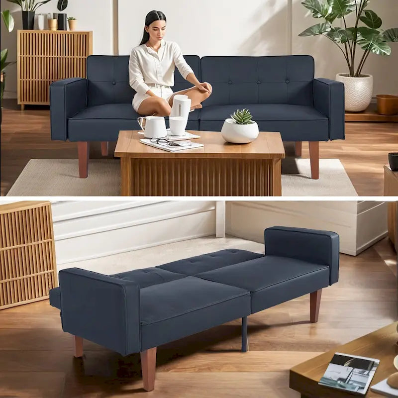 Mid-Century Convertible Futon Sofa Bed with Tufted Back