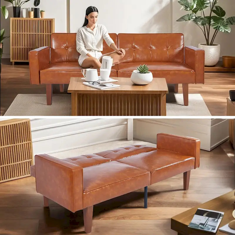 Mid-Century Convertible Futon Sofa Bed with Tufted Back