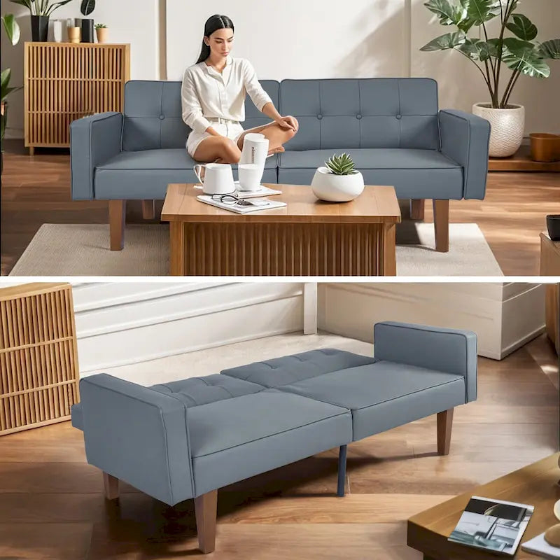 Mid-Century Convertible Futon Sofa Bed with Tufted Back
