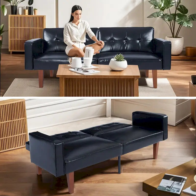 Mid-Century Convertible Futon Sofa Bed with Tufted Back