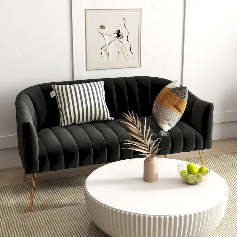 Velvet Two-Seater Loveseat with Channel-Tufted Back and Metal Legs