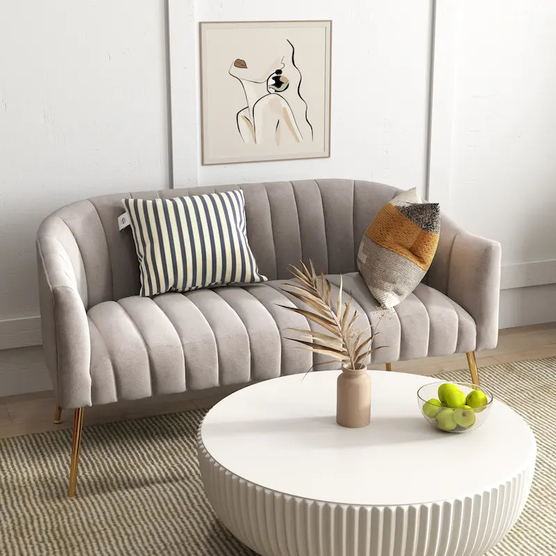 Velvet Two-Seater Loveseat with Channel-Tufted Back and Metal Legs