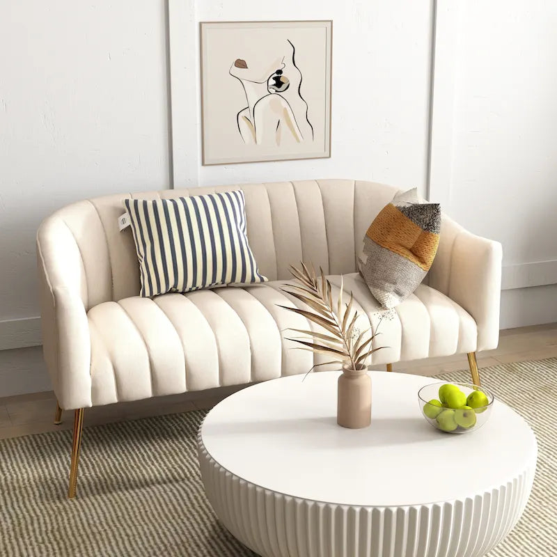 Velvet Two-Seater Loveseat with Channel-Tufted Back and Metal Legs