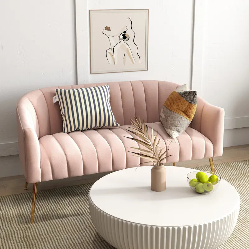 Velvet Two-Seater Loveseat with Channel-Tufted Back and Metal Legs