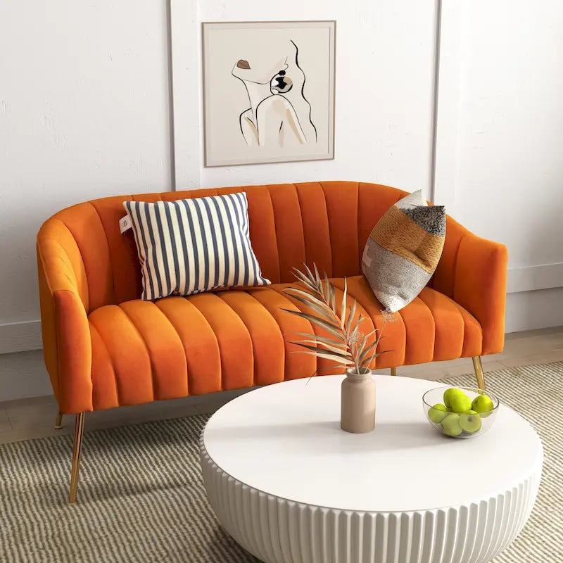 Velvet Two-Seater Loveseat with Channel-Tufted Back and Metal Legs