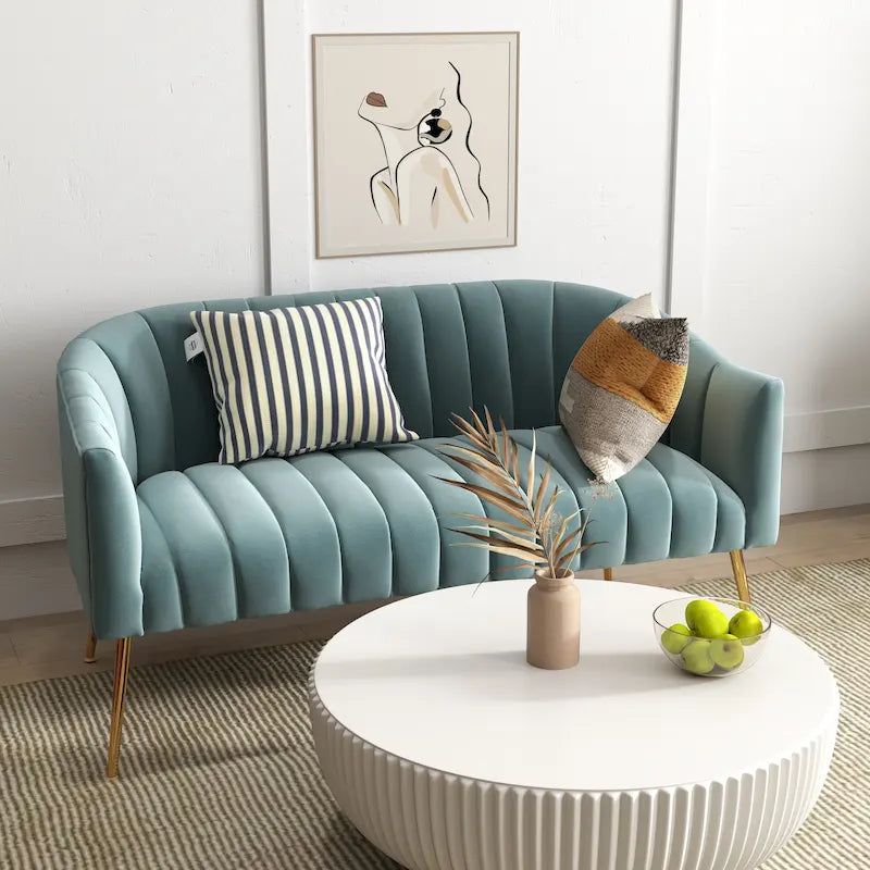 Velvet Two-Seater Loveseat with Channel-Tufted Back and Metal Legs