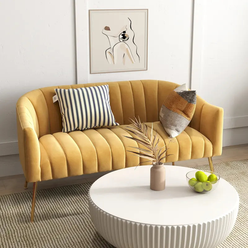 Velvet Two-Seater Loveseat with Channel-Tufted Back and Metal Legs