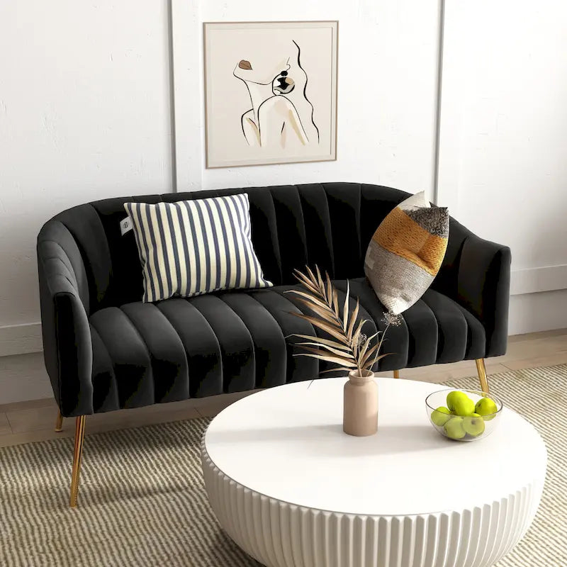 Velvet Two-Seater Loveseat with Channel-Tufted Back and Metal Legs
