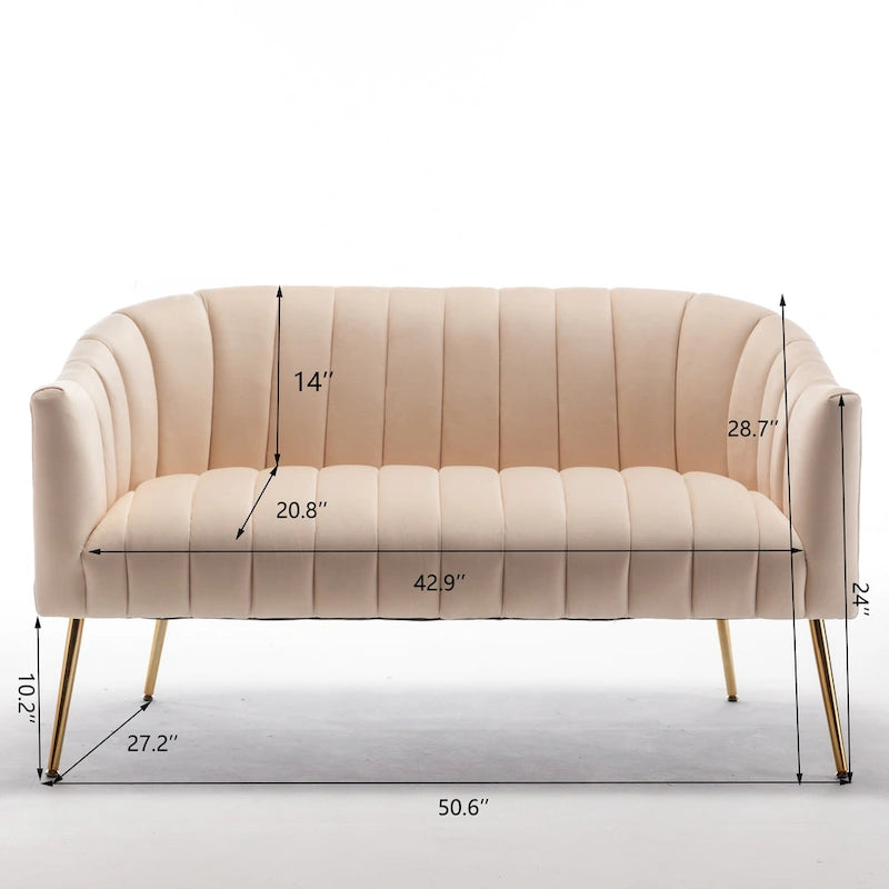 Samtiges Zweisitzer-Sofa mit kanalgetufteter Rückenlehne und Metallbeinen