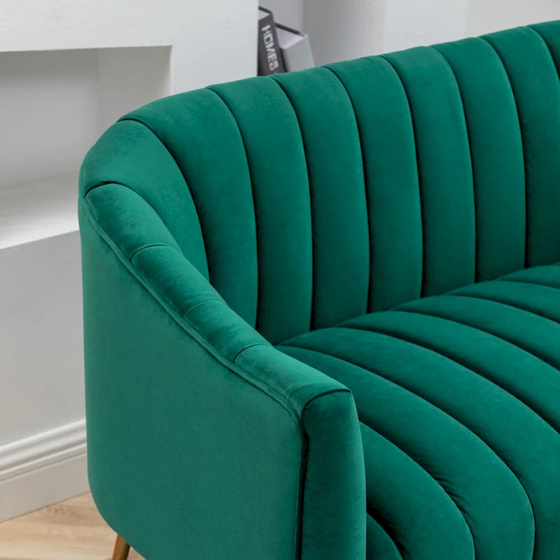 Samtiges Zweisitzer-Sofa mit kanalgetufteter Rückenlehne und Metallbeinen