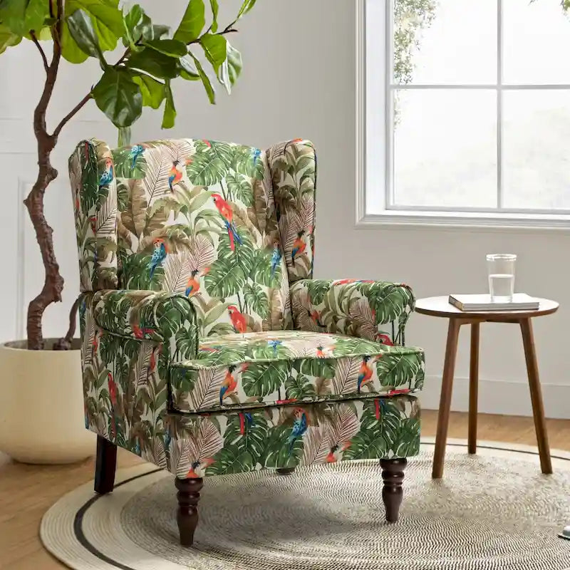 Traditional Fabric Wingback Armchair with Turned Wood Legs