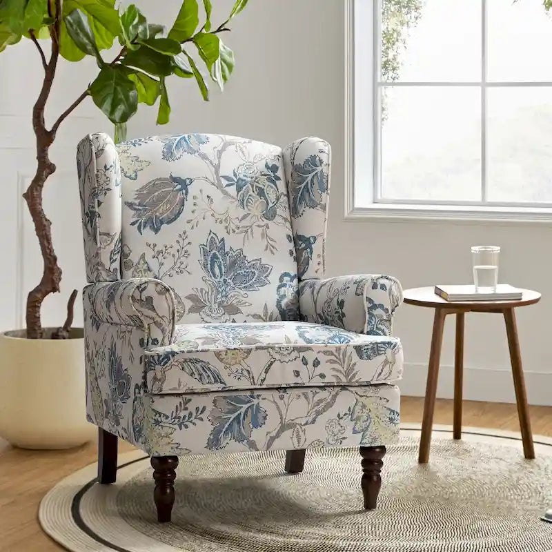 Traditional Fabric Wingback Armchair with Turned Wood Legs
