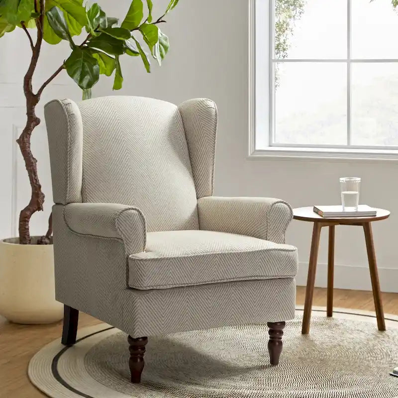 Traditional Fabric Wingback Armchair with Turned Wood Legs