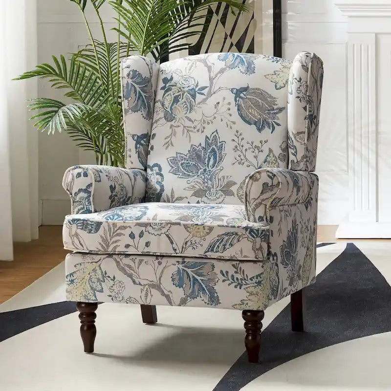 Traditioneller Ohrensessel aus Stoff mit gedrechselten Holzbeinen