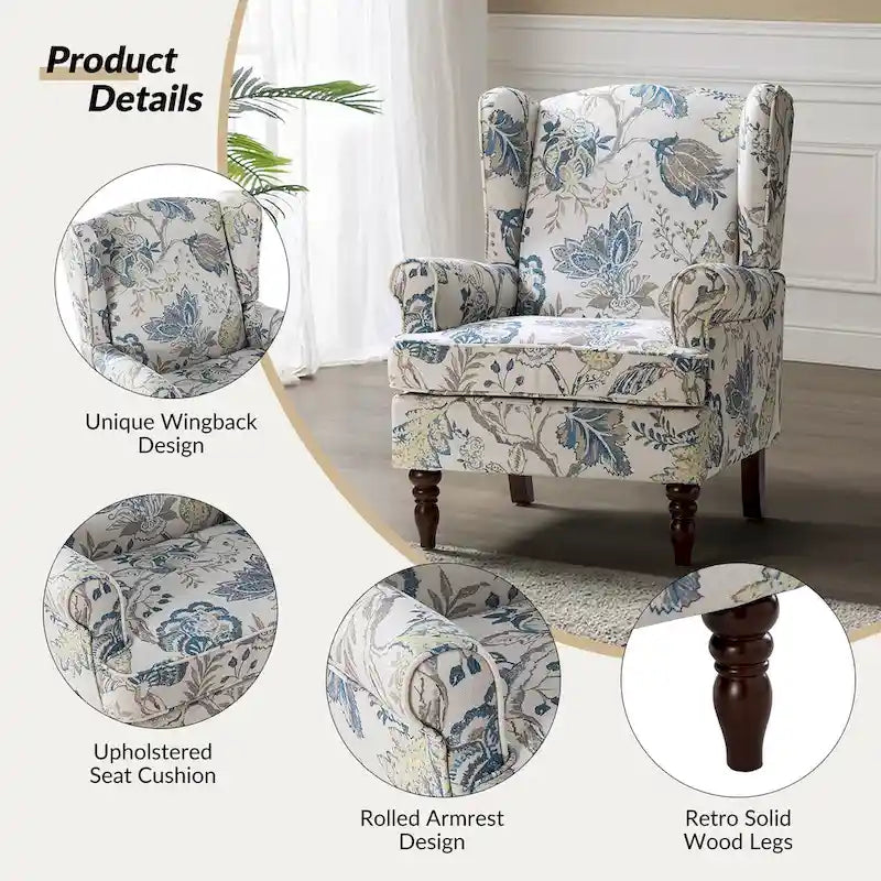Traditional Fabric Wingback Armchair with Turned Wood Legs