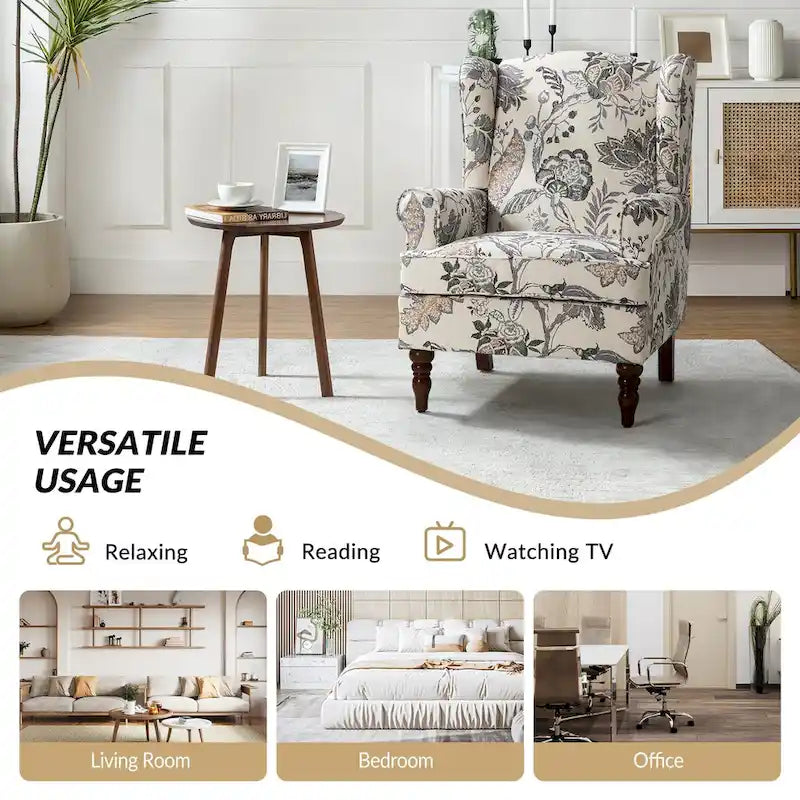 Traditioneller Ohrensessel aus Stoff mit gedrechselten Holzbeinen