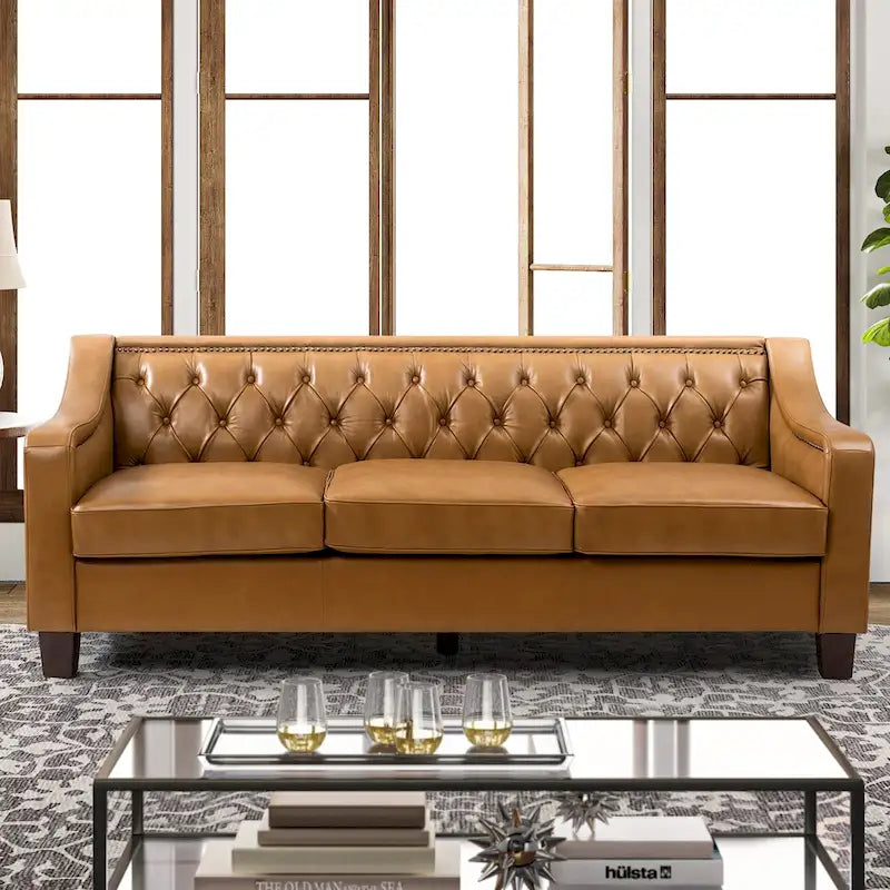 Transitional Genuine Leather Sofa with Nailhead Trim and Button-Tufted Back