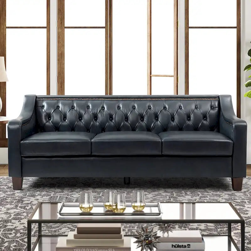 Transitional Genuine Leather Sofa with Nailhead Trim and Button-Tufted Back