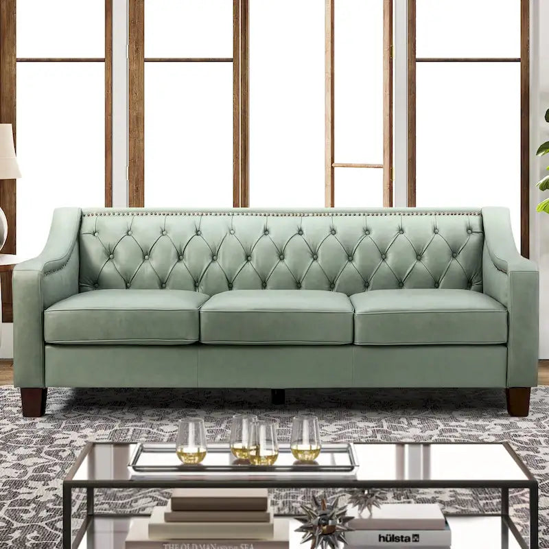 Transitional Genuine Leather Sofa with Nailhead Trim and Button-Tufted Back