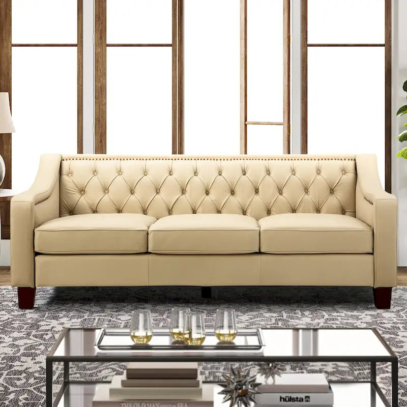 Transitional Genuine Leather Sofa with Nailhead Trim and Button-Tufted Back