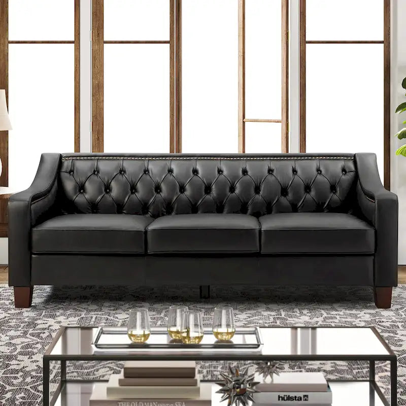 Transitional Genuine Leather Sofa with Nailhead Trim and Button-Tufted Back