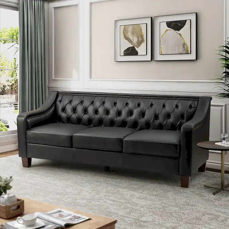 Transitional Genuine Leather Sofa with Nailhead Trim and Button-Tufted Back