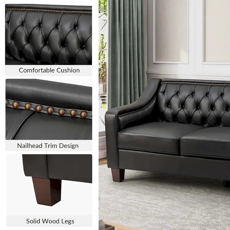 Transitional Genuine Leather Sofa with Nailhead Trim and Button-Tufted Back